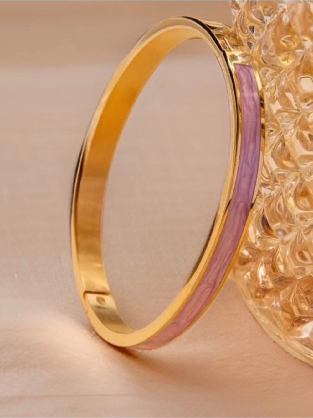 Pink Enamel Gold-Tone Hinged Bangle Bracelet | Minimalist Stackable fashioned